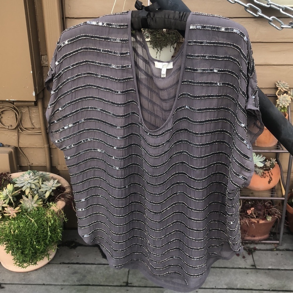 L Joie beaded sequin loose fitted top w dolman sleeves. Mocha/ dark grey… EUC